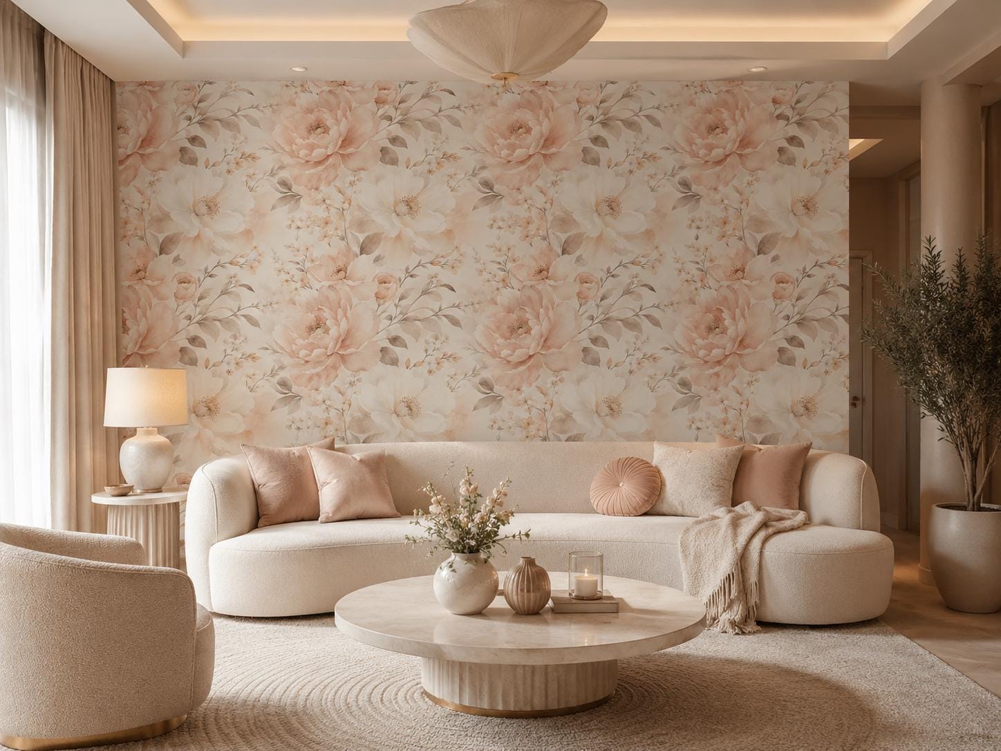 Champagne Blush Floral Wallpaper: Elegant Botanical Wall Mural