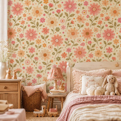 Retro Pink Daisy Wallpaper: Vintage Floral Wall Mural