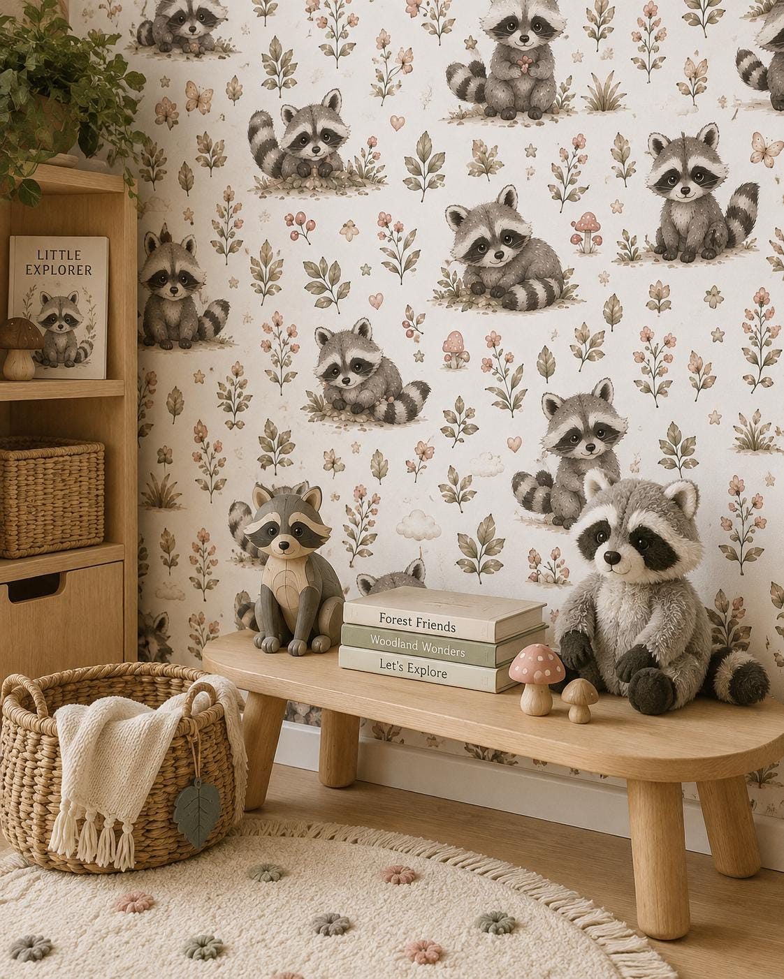 Raccoon Woodland Wallpaper: Forest Animal Nursery Mural