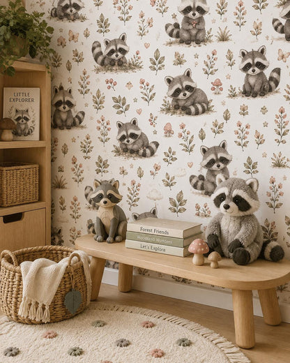 Raccoon Woodland Wallpaper: Forest Animal Nursery Mural
