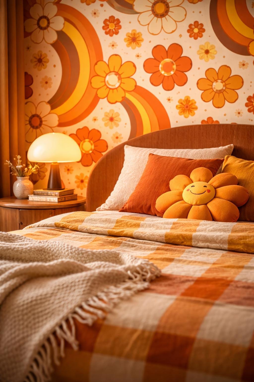 Retro Orange Floral Wallpaper: 70s Groovy Peel and Stick Mural