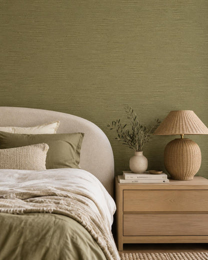 Olive Grasscloth Wallpaper: Green Woven Wall Mural