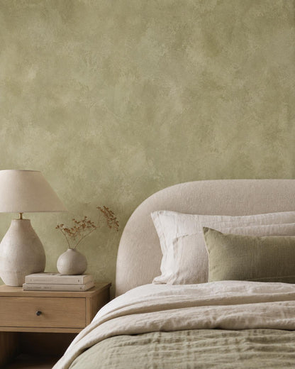 Olive Limewash Wallpaper: Earthy Green Textured Wall Mural