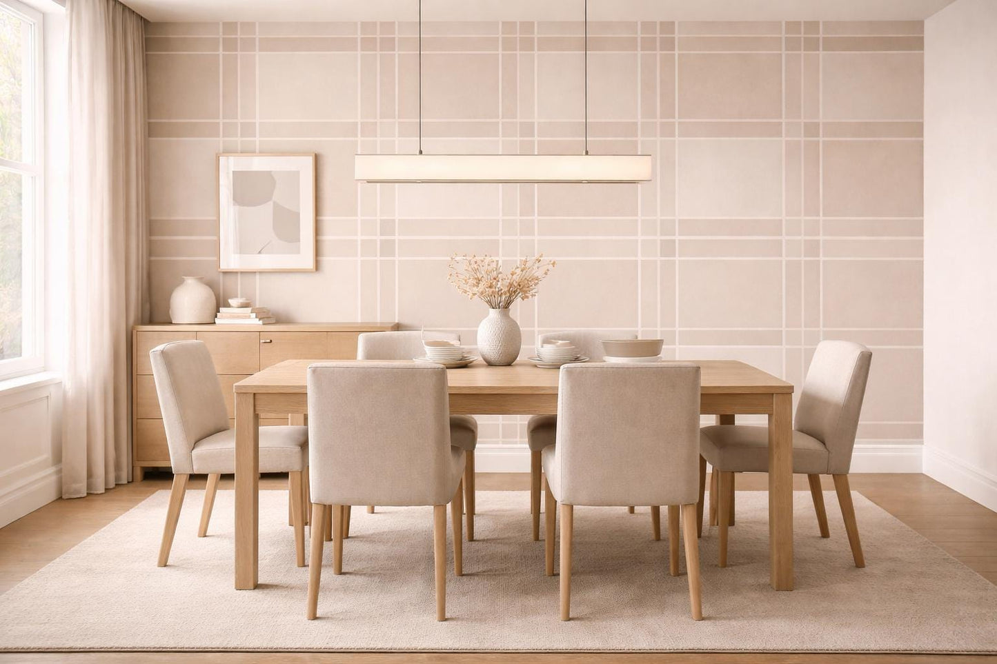 Beige Grid Wallpaper: Modern Minimal Line Pattern Wall Mural