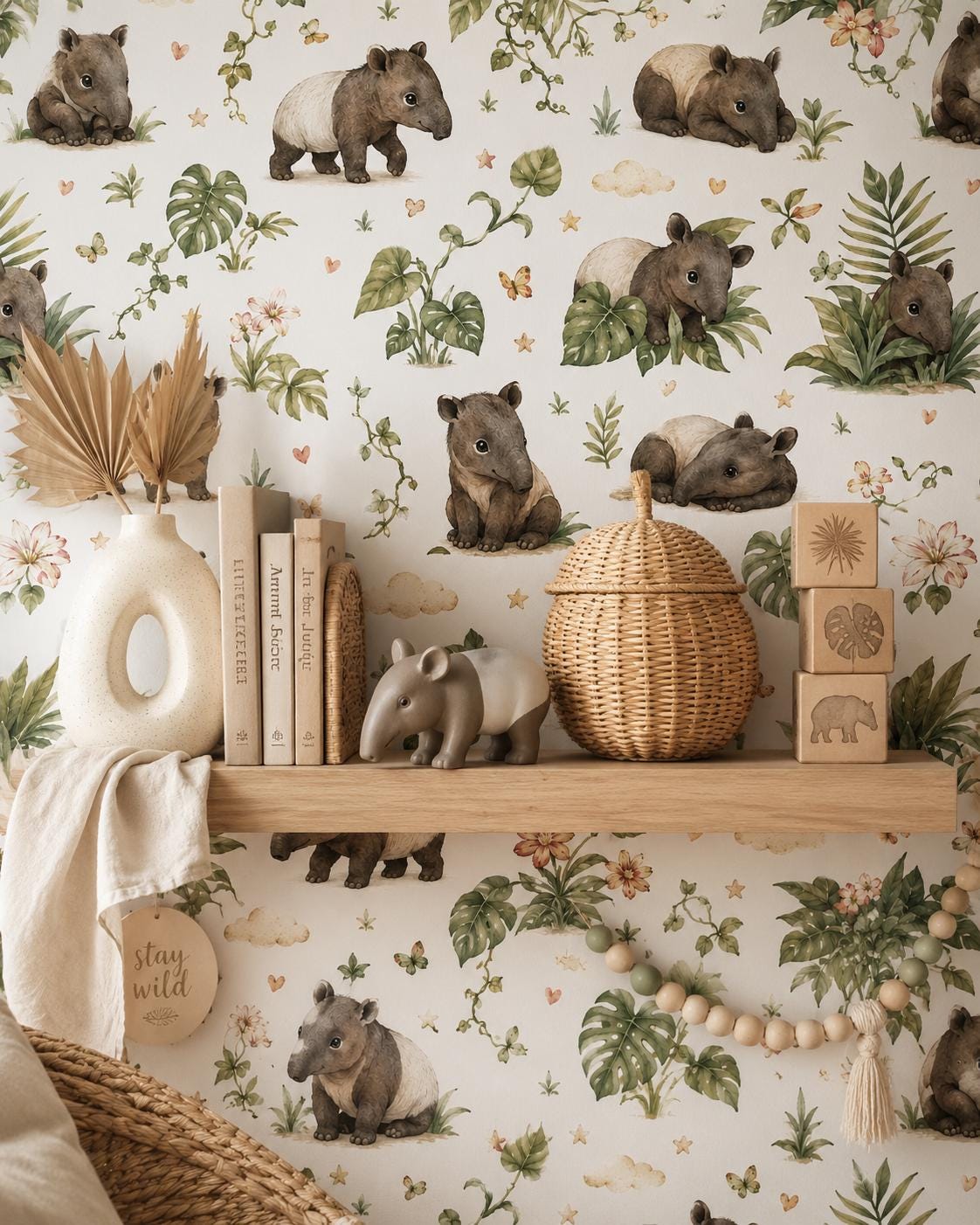 Tapir Rainforest Wallpaper: Tropical Animal Nursery Mural