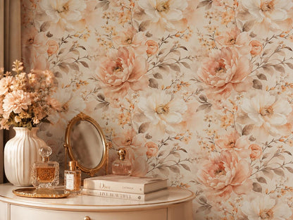 Champagne Blush Floral Wallpaper: Elegant Botanical Wall Mural