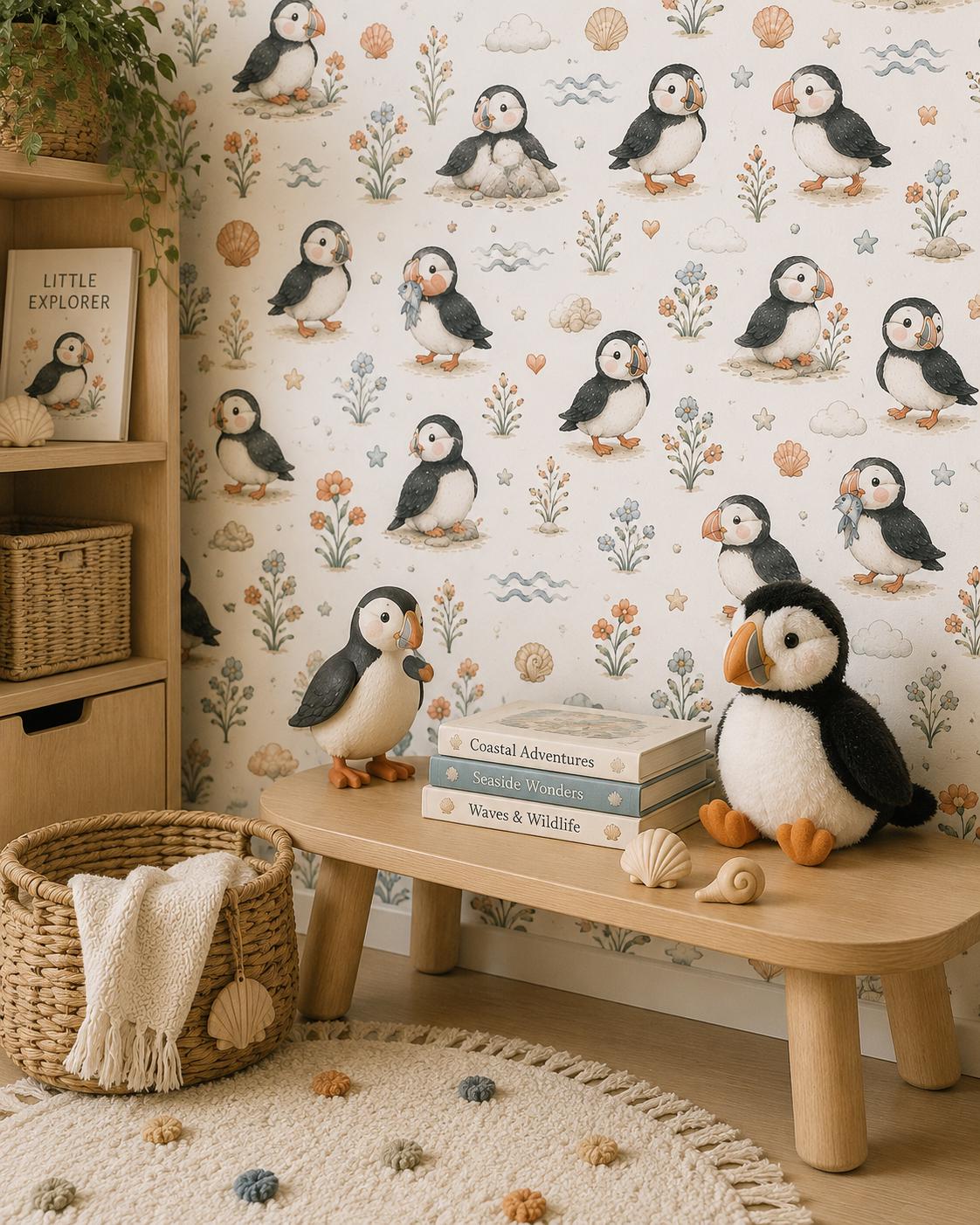 Puffin Coastal Wallpaper: Seaside Bird Nursery Mural