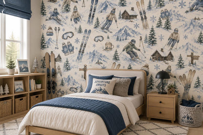 Ski Lodge Adventure Wallpaper: Kids Winter Sports Wall Mural