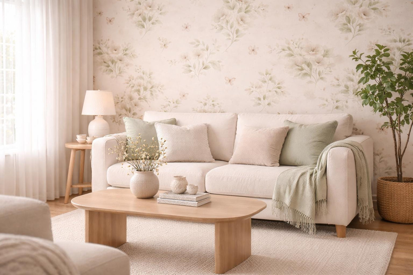 Sage Green Floral Wallpaper: Botanical Peel and Stick Wall Mural (Custom Fit)