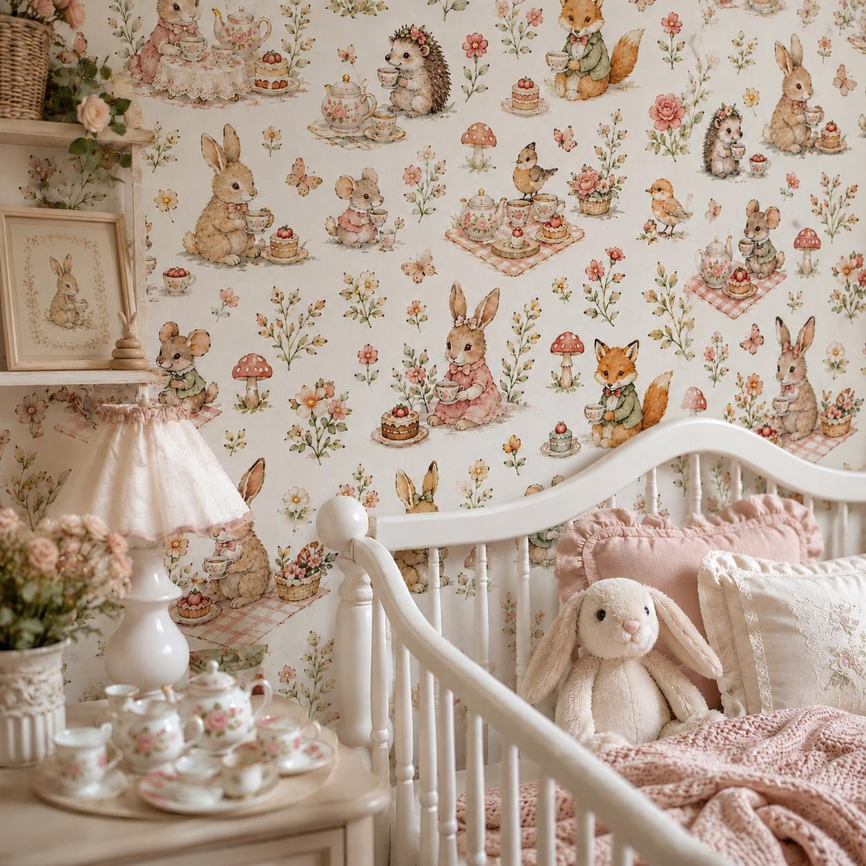 Garden Tea Party Animal Wallpaper: White Nursery Wall Mural