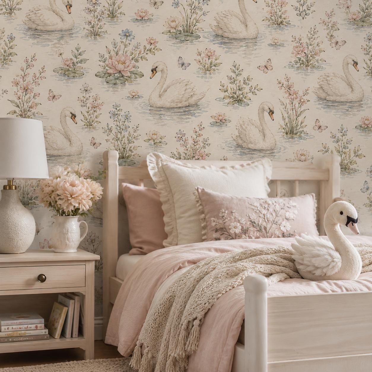 Swan Lake Floral Wallpaper: Elegant Nursery Wall Mural