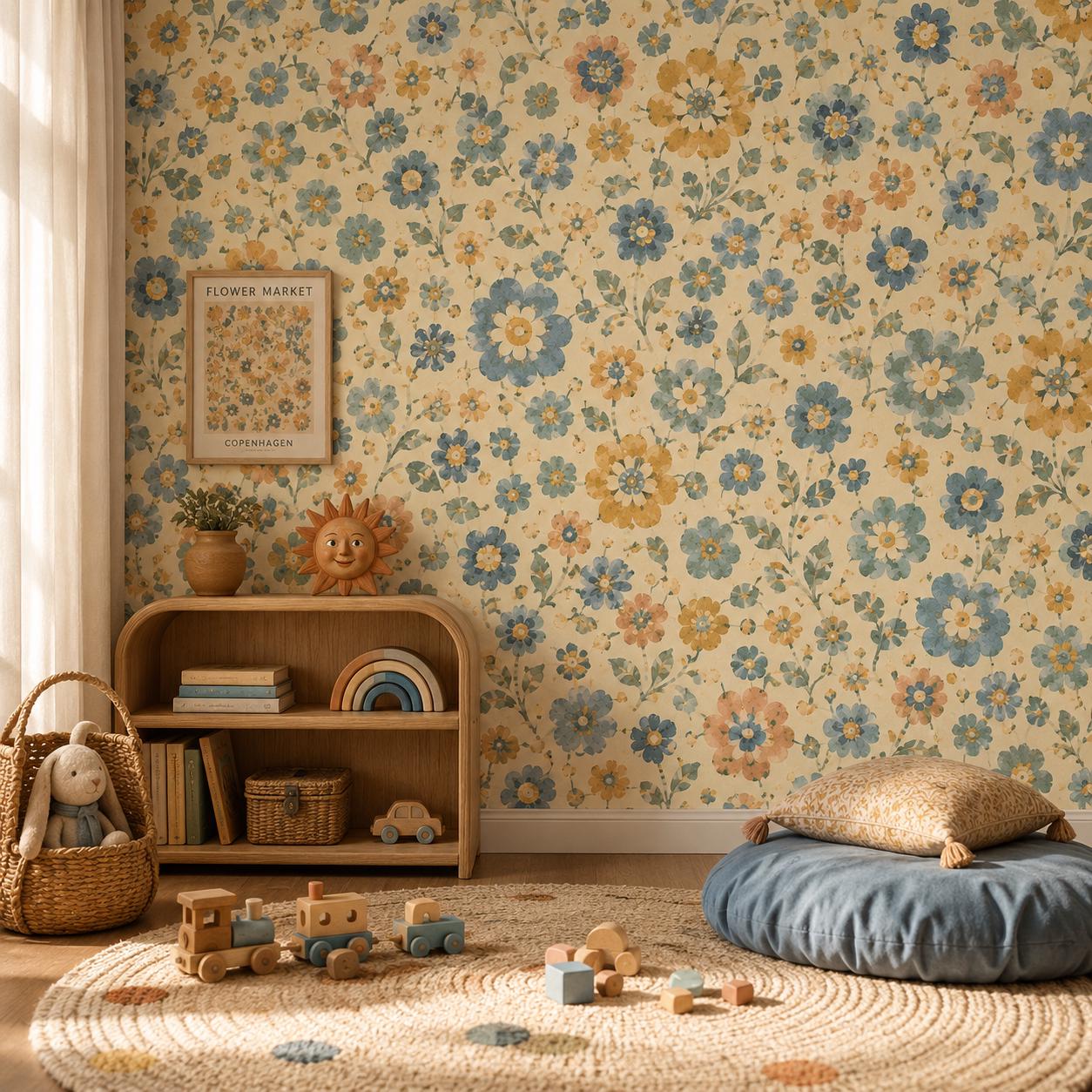 Retro Blue Floral Wallpaper: Groovy Vintage Wall Mural