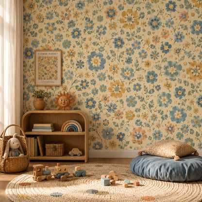 Retro Blue Floral Wallpaper: Groovy Vintage Wall Mural