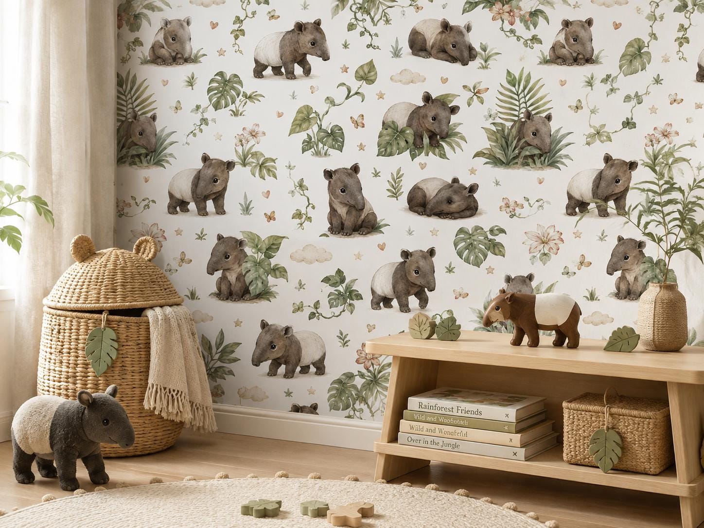 Tapir Rainforest Wallpaper: Tropical Animal Nursery Mural