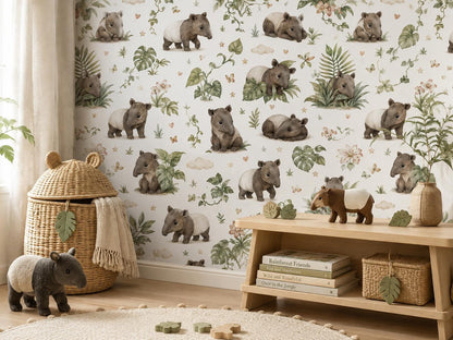Tapir Rainforest Wallpaper: Tropical Animal Nursery Mural