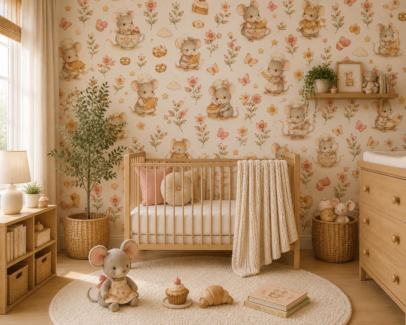 Mouse Bakery Wallpaper: Whimsical Cottage Nursery Mural