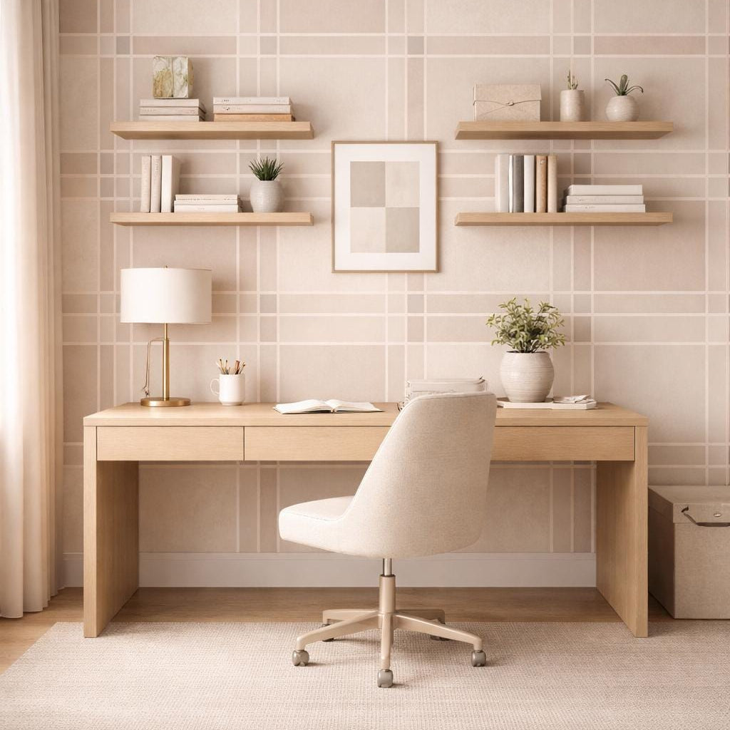Beige Grid Wallpaper: Modern Minimal Line Pattern Wall Mural