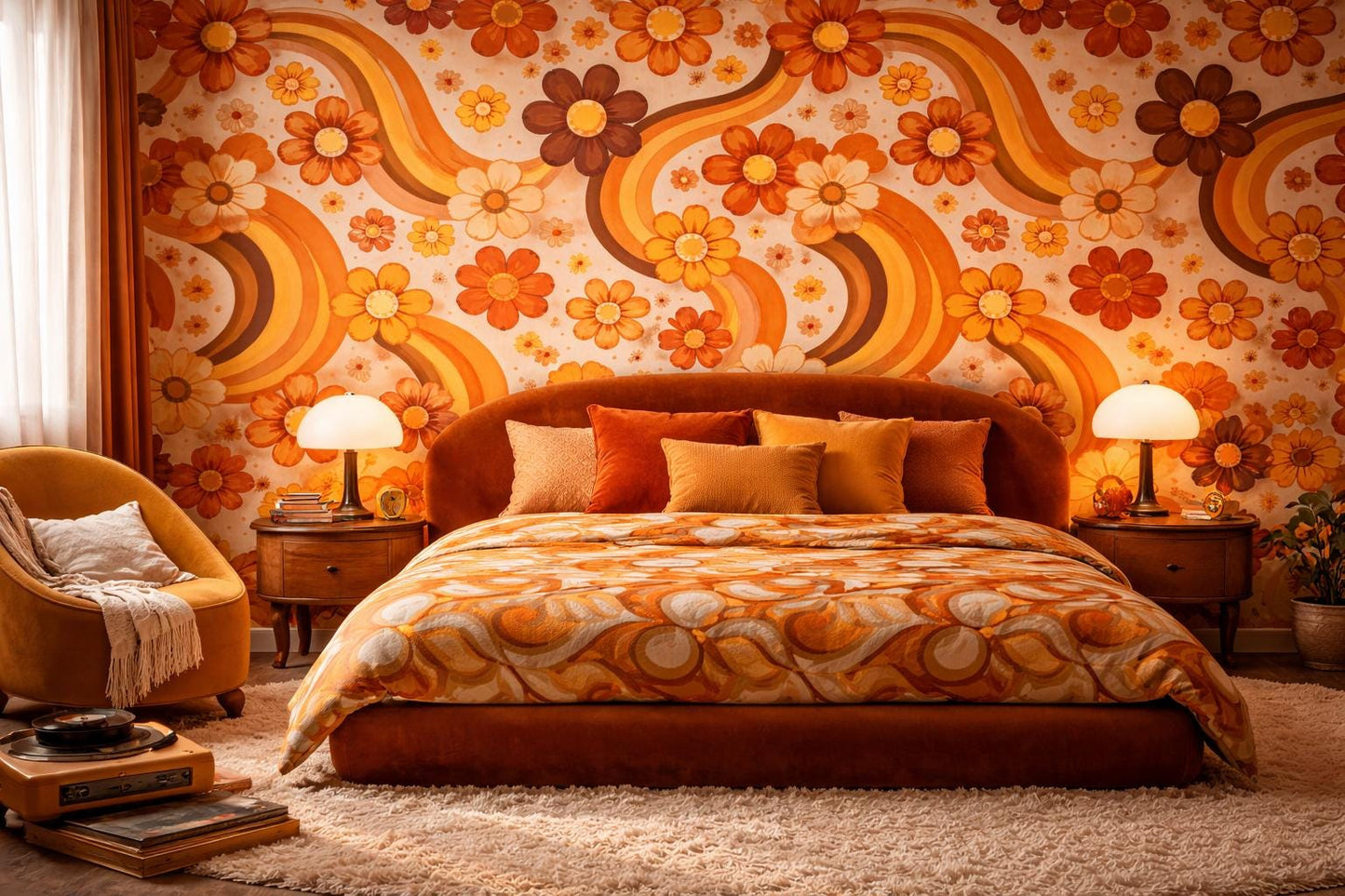 Retro Orange Floral Wallpaper: 70s Groovy Peel and Stick Mural