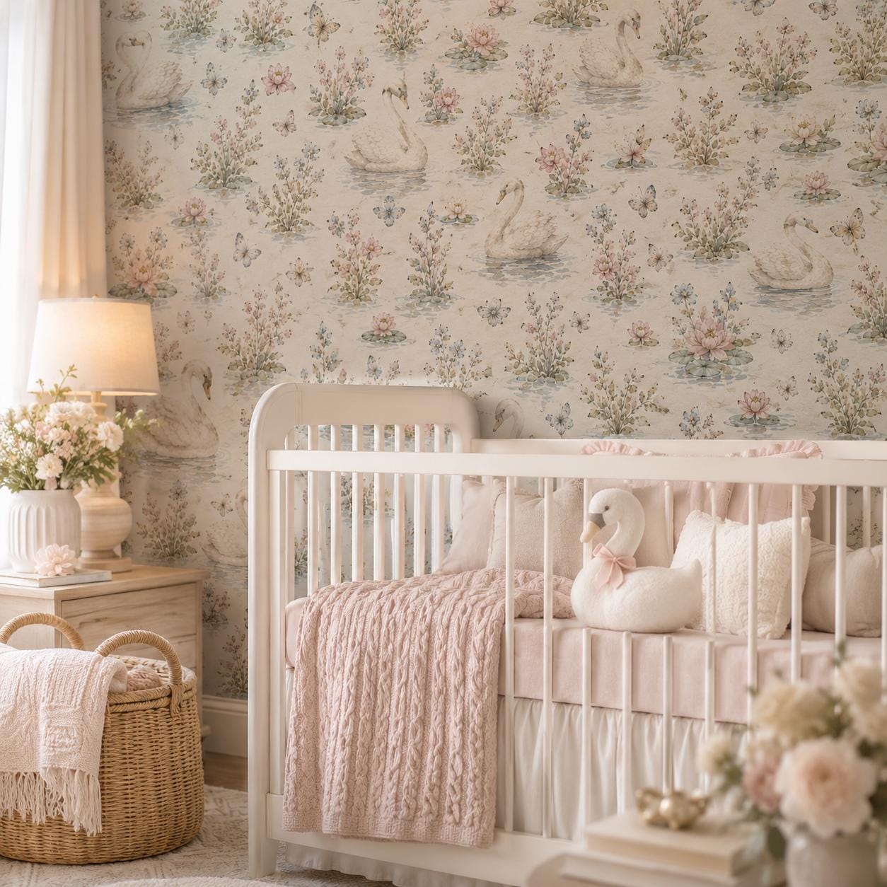 Swan Lake Floral Wallpaper: Elegant Nursery Wall Mural