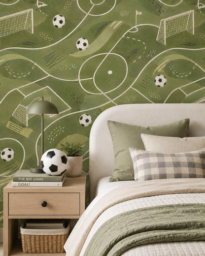 Kids Soccer Wallpaper: Green Field Wall Mural for Boys Room