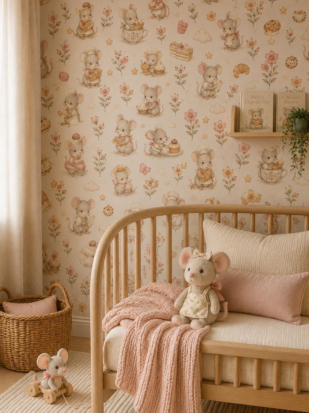 Mouse Bakery Wallpaper: Whimsical Cottage Nursery Mural
