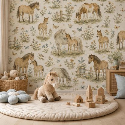 Vintage Horse Meadow Wallpaper: Countryside Nursery Wall Mural