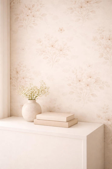 Cream Floral Wallpaper: Neutral Botanical Peel and Stick Wall Mural