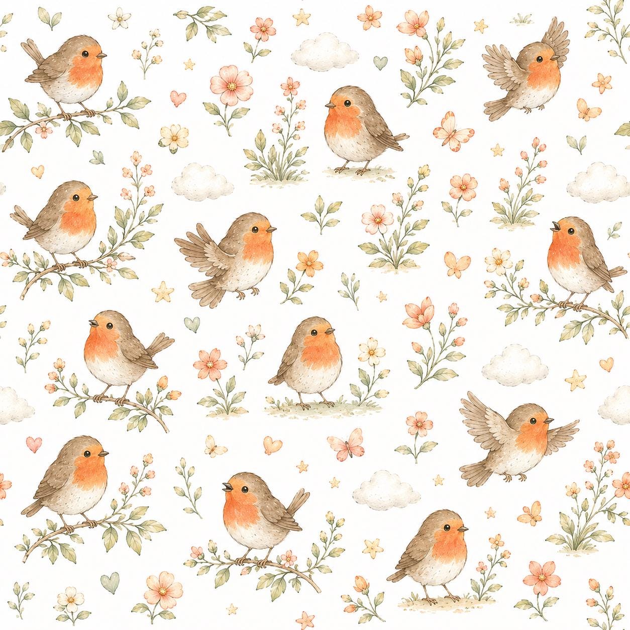 Robin Garden Wallpaper: Spring Bird Nursery Wall Mural