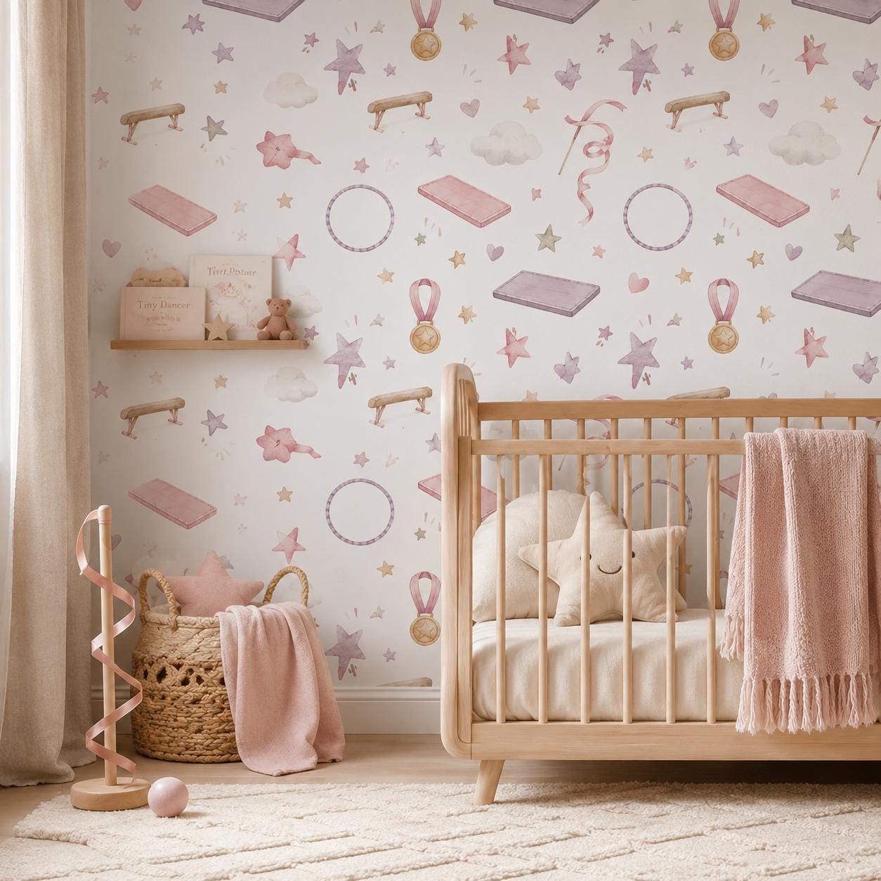 Gymnastics Ribbon Wallpaper: Soft Sports Nursery Mural