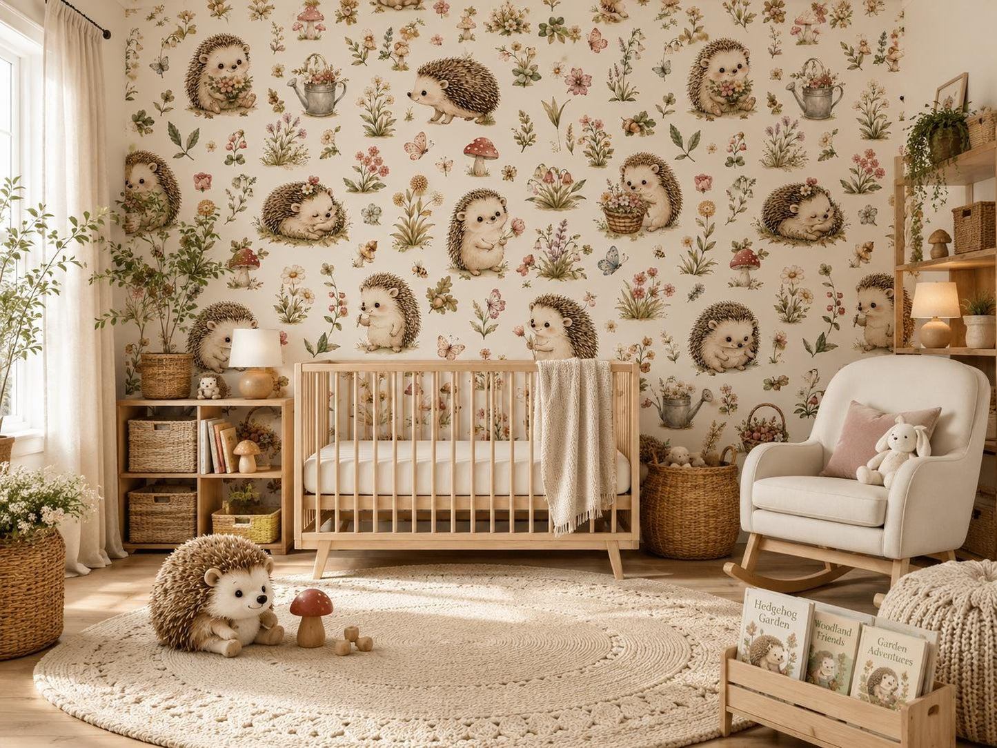 Hedgehog Garden Wallpaper: Sweet Nursery Wall Mural