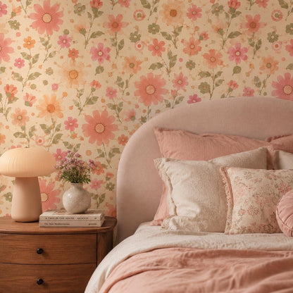 Retro Pink Daisy Wallpaper: Vintage Floral Wall Mural