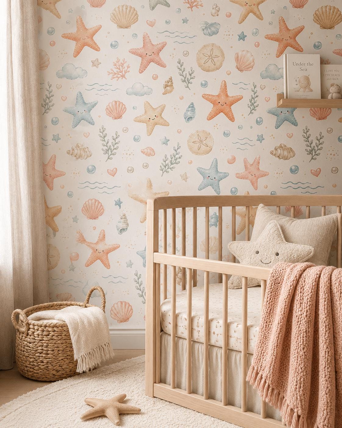 Starfish Seashell Wallpaper: Coastal Ocean Nursery Peel and Stick Mural