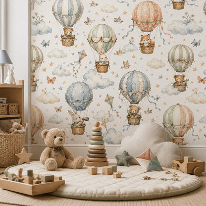 Vintage Balloon Animal Wallpaper: White Nursery Wall Mural