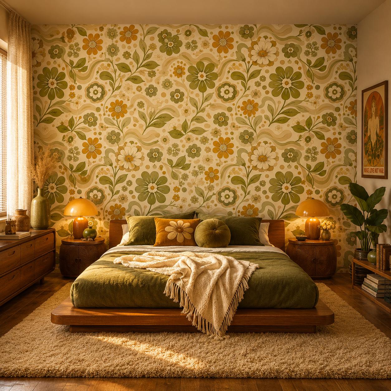 Retro Green Floral Wallpaper: Vintage Groovy Wall Mural