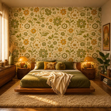 Retro Green Floral Wallpaper: Vintage Groovy Wall Mural