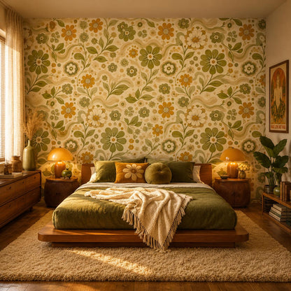 Retro Green Floral Wallpaper: Vintage Groovy Wall Mural