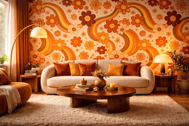 Retro Orange Floral Wallpaper: 70s Groovy Peel and Stick Mural