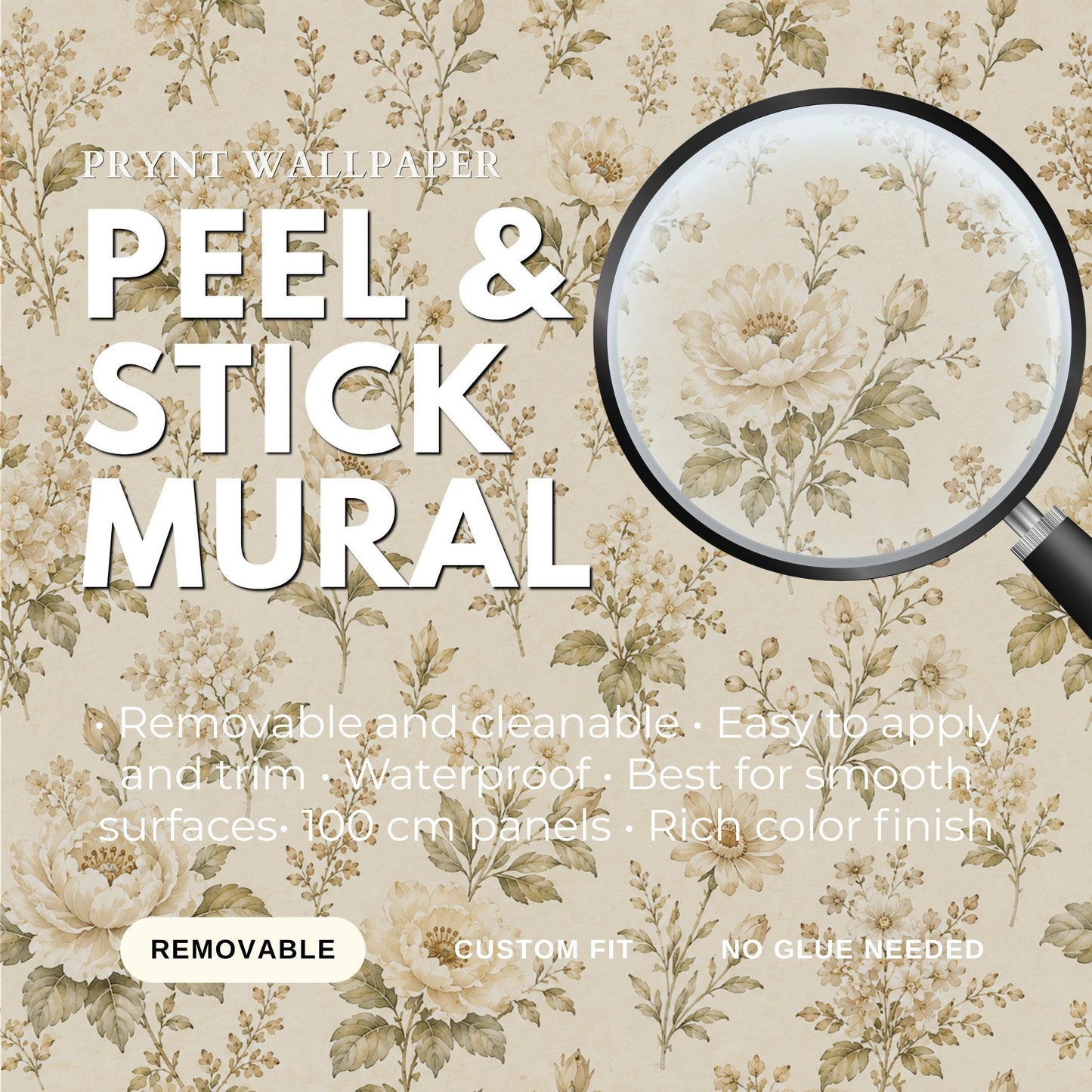 Olive Cream Floral Wallpaper: Vintage Botanical Wall Mural