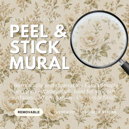Olive Cream Floral Wallpaper: Vintage Botanical Wall Mural
