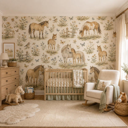 Vintage Horse Meadow Wallpaper: Countryside Nursery Wall Mural