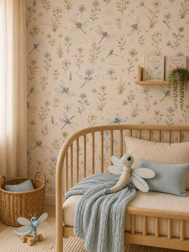 Dragonfly Meadow Wallpaper: Floral Nature Nursery Mural