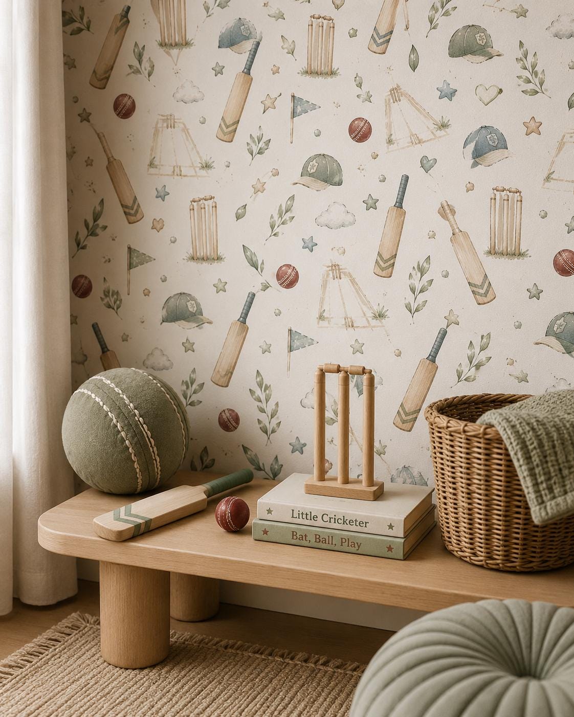 Cricket Bat Wallpaper: Classic Sports Nursery Wall Mural