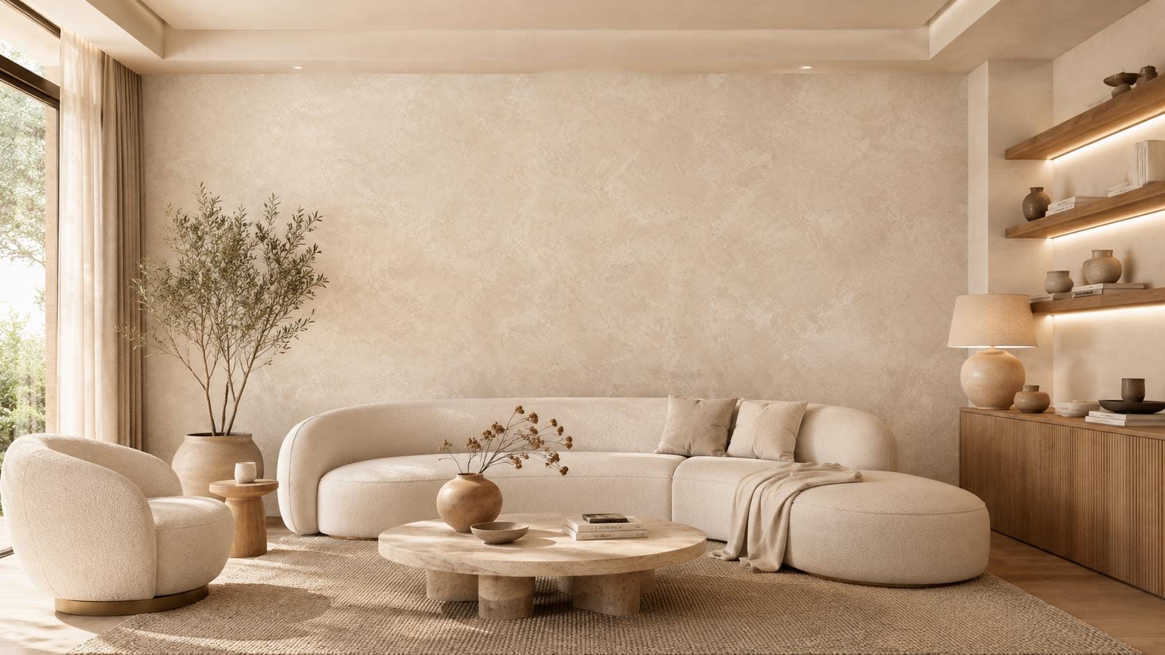 Almond Limewash Wallpaper: Warm Neutral Textured Wall Mural