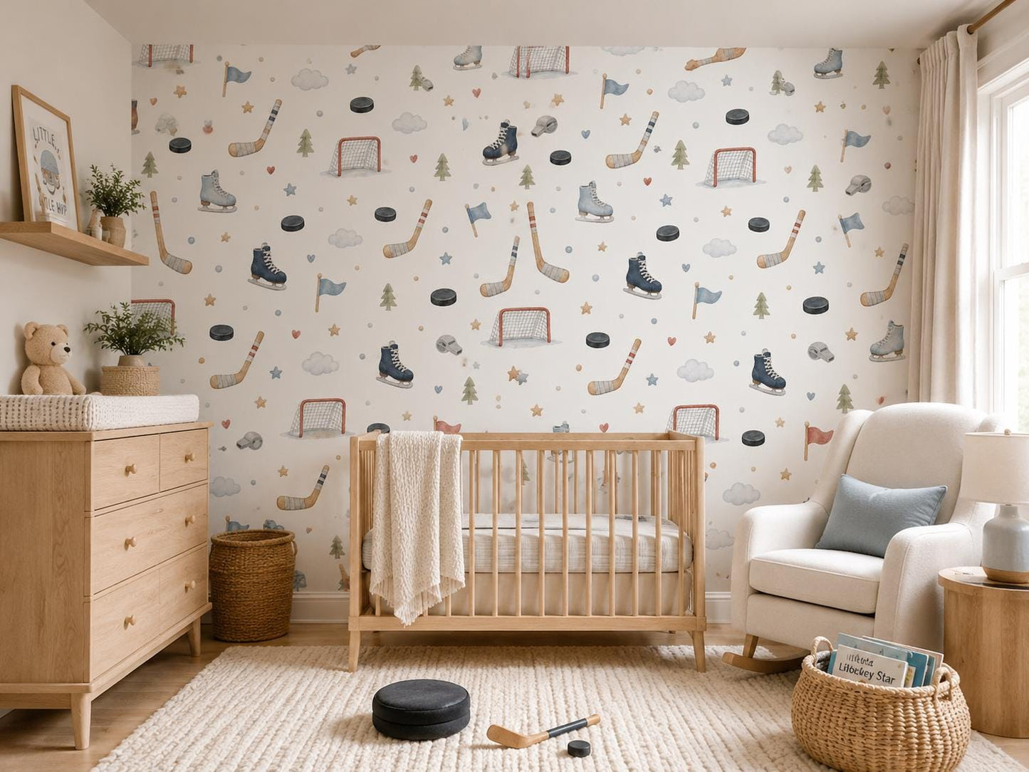 Hockey Stick Wallpaper: Winter Sports Nursery Wall Mural