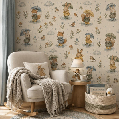 Rainy Day Woodland Wallpaper: Cozy Nursery Wall Mural