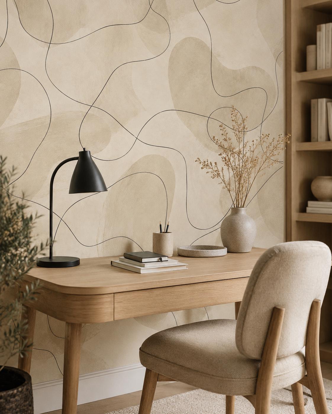 Cream Line Art Wallpaper: Black Abstract Wall Mural
