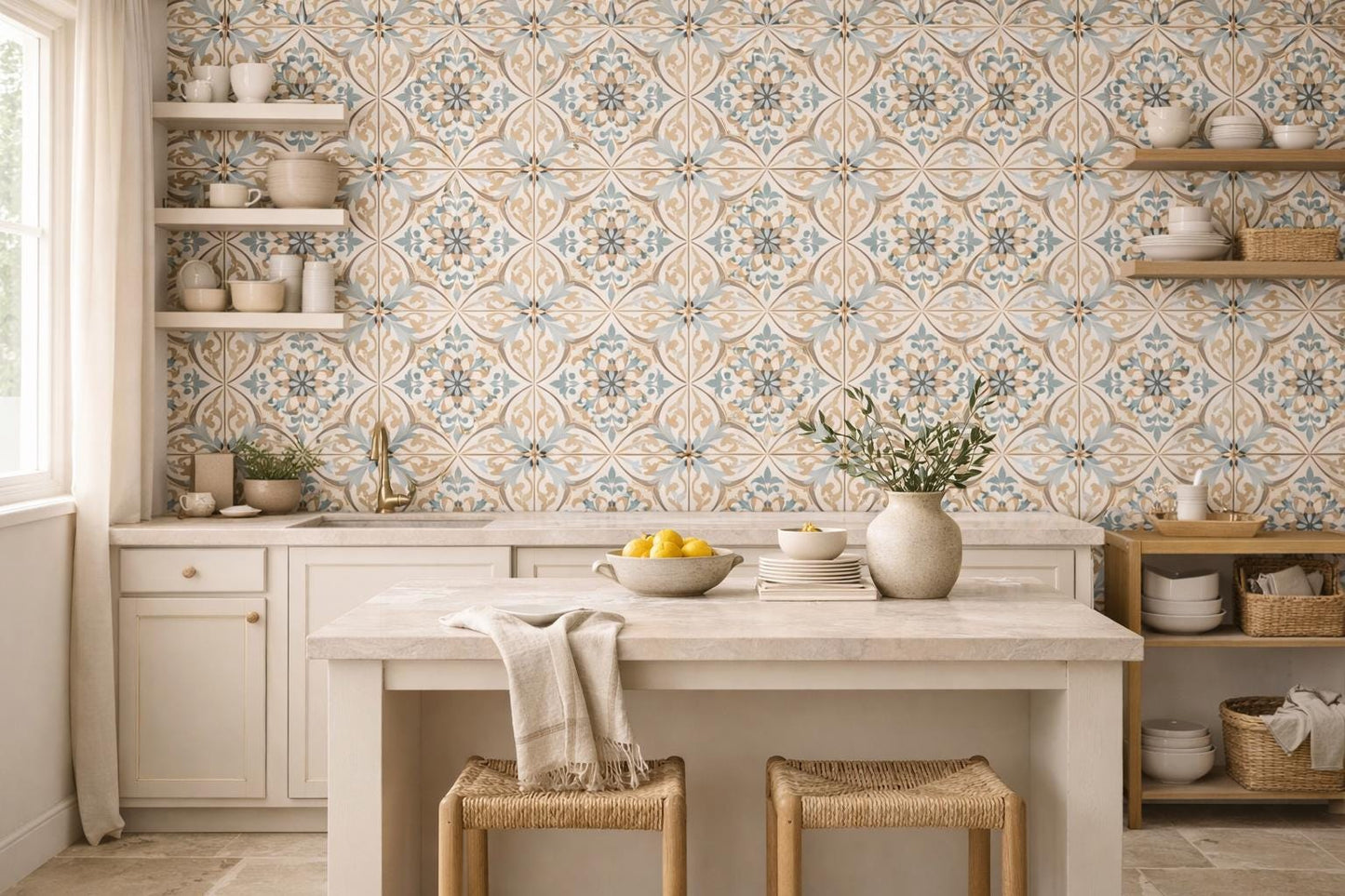 Vintage Mediterranean Tile Wallpaper Peel and Stick Blue Beige Wall Mural