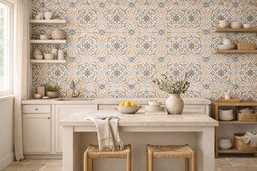 Vintage Mediterranean Tile Wallpaper Peel and Stick Blue Beige Wall Mural