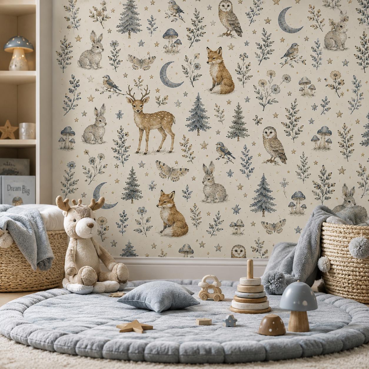 Moonlight Forest Animal Wallpaper: Dreamy Nursery Wall Mural