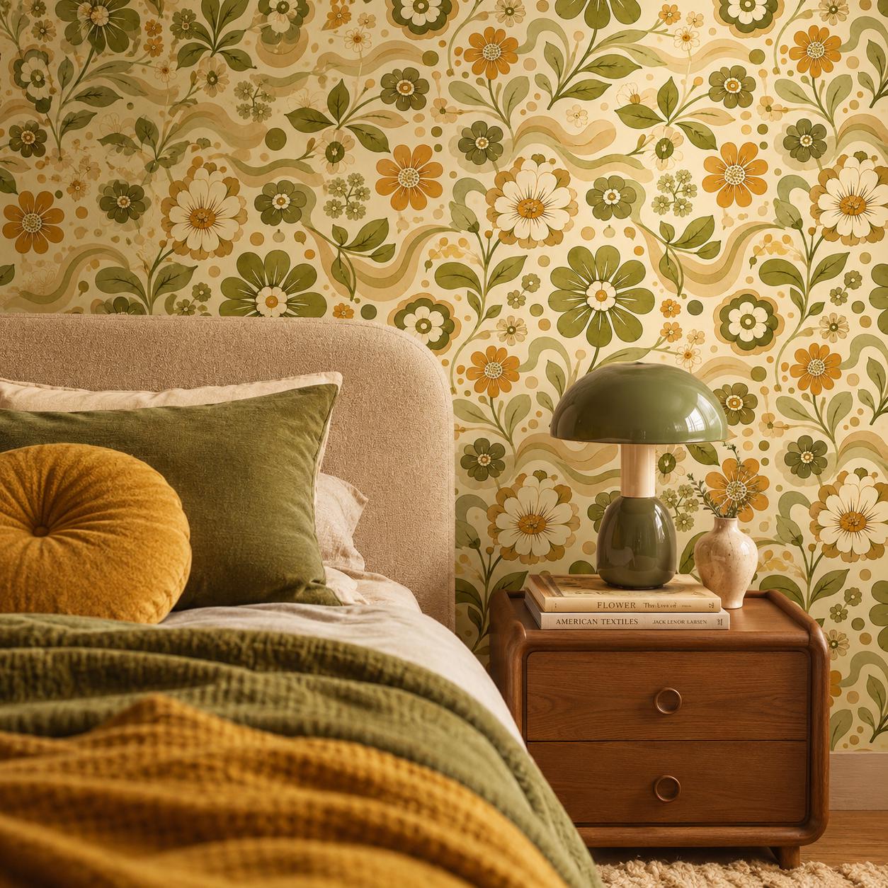 Retro Green Floral Wallpaper: Vintage Groovy Wall Mural